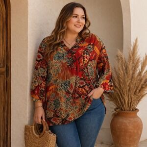 Apostrophe Woman 1X Red Orange Boho Floral Geometric Crinkle 3/4 Sleeve Blouse